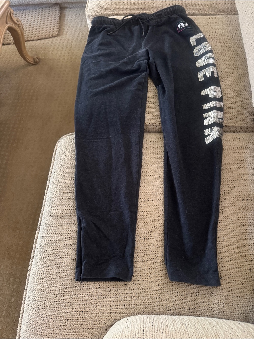 Victoria Secrets Pink Sweat Pants Size Small Charcoal Love Pink Sequin Accent